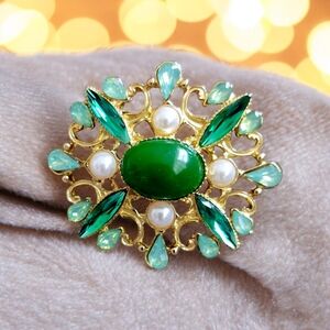 Baroque Inspired Green Glass And Rhinestone Brooch